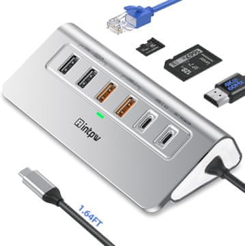 slomart P9R PRO USB C Hub - 10 u 1, 1Gbps Ethernet, 4K HDMI, 10Gbps USB 3.2, PD 100W, SD/TF, za iPhone/MacBook - Aluminij.