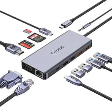 slomart 12-u-1 USB C čvorište: USB3.2, USB-C 10Gbps, USB2.0, 4K HDMI, VGA, PD100W, Ethernet, SD/TF/MS, AUX. Za MacBook/Dell/HP i više.