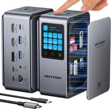 slomart VENTION 13-u-1 priključna stanica za laptop - 3 monitora, 8K, 2*HDMI&1*DP, PD 100W, USB, čitač kartica. Kompatibilan s MacBook, Dell, HP, Lenovo.