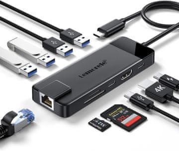 slomart Lemorele USB C priključna stanica 10 u 1 - Gigabit Ethernet, 4K HDMI, USB A, 100W PD, USB-C, SD/TF čitač kartica za MacBook/Dell/HP