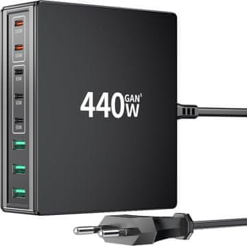 slomart 440W USB-C punjač s 8 portova: 5x USB-C i 3x USB-A, Dual-PD PPS za MacBook, iPad, iPhone 17/16/15, Samsung. Brzo punjenje.