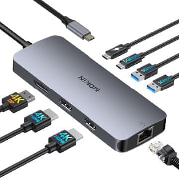 slomart MOKIN USB C priključna stanica Dual Monitor 8 u 1 - 2 HDMI, DisplayPort, Gigabit Ethernet, 100W PD, 3x USB, za MacBook/Dell/HP/Lenovo