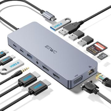 slomart Priključna stanica za prijenosno računalo 14-u-1: 2x HDMI 4K, VGA, 100W PD, Ethernet, USB-C/A, Audio, SD/TF, USB C hub za Dell HP