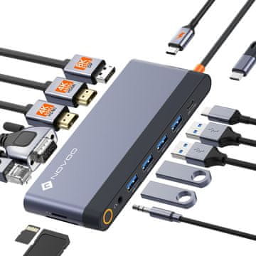 slomart NOVOO USB C priključna stanica 14-u-1: 4 monitora, 4K@120Hz DP, 2HDMI, VGA, USB-A/C, PD 100W, Ethernet, SD/TF, Audio/Mic za MacBook/Dell (40cm)