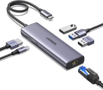 slomart UGREEN Revodok 1061 USB C Hub - Ethernet, 4K HDMI, PD100W, 3x USB A 3.0 - za iPhone, MacBook, iPad, Surface, Galaxy, Steam Deck.