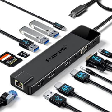 slomart Priključna stanica USB C Hub 3 zaslona - 2025 Nadogradnja: Dual 4K HDMI, VGA, Ethernet, USB, PD, SD/TF, AUX za Windows/Mac/Dell/HP