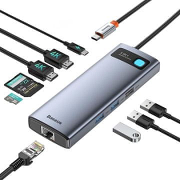 slomart Baseus 9-u-1 USB-C priključna stanica: 4K@120Hz, 2x HDMI, Ethernet, 100W PD, TF/SD, USB 3.0. Za MacBook/Dell/HP/Surface/Lenovo i PC.
