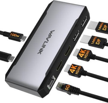 slomart WAVLINK USB-C priključna stanica: 4 monitora (2xDP, 2xHDMI), 100W PD, 5G Ethernet za Windows. Dell/HP/Lenovo. USB 3.2 host.