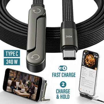 Cool Mango spojni USB-C kabel s ugrađenim stalkom za telefon, 240 W, 1 m - FlexCharge