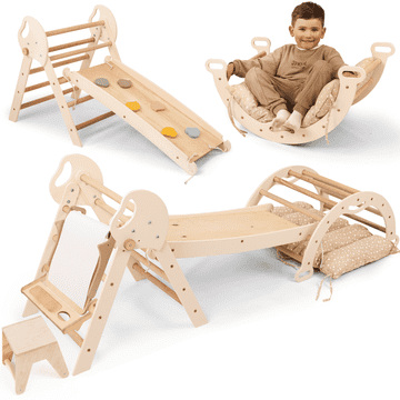 GOODEVAS 5-u-1 drveni penjalni okvir za unutarnju upotrebu s toboganom – Montessori penjalni trokut za djecu od 1 godine, unutarnji prostor za igru, penjalni set za bebe i set za kreativnu igru