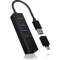 IcyBox IB-HUB1419-LAN mrežna kartica i USB HUB, 3-portni, USB-A in USB-C, crni (IB-HUB1419-LAN)