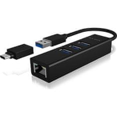 IcyBox IB-HUB1419-LAN mrežna kartica i USB HUB, 3-portni, USB-A in USB-C, crni (IB-HUB1419-LAN)