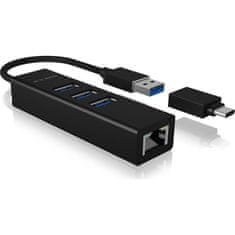 IcyBox IB-HUB1419-LAN mrežna kartica i USB HUB, 3-portni, USB-A in USB-C, crni (IB-HUB1419-LAN)