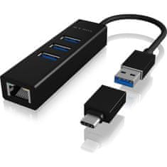 IcyBox IB-HUB1419-LAN mrežna kartica i USB HUB, 3-portni, USB-A in USB-C, crni (IB-HUB1419-LAN)