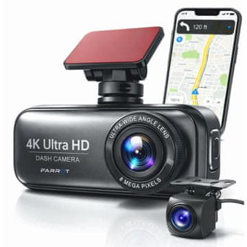 Farrot Auto kamera 4K UHD kamera za automobil, 2-u-1, GPS, Wi-Fi, prednji i stražnji G-senzori, kut snimanja 170°, aplikacija