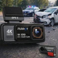 Farrot Auto kamera 4K UHD, Wifi, GPS, G-sensor, ADAS, kut snimanja 170°, 2v1 (prednja i unutarnja) aplikacija