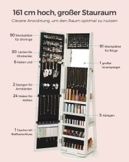 Songmics Ormarić za nakit s ogledalom pune visine 54x161x54 cm bijeli