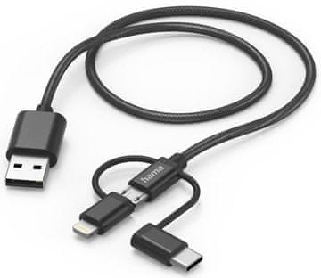 Hama adapter 3u1 USB-A - microUSB/USB-C/Lightning kabel 1,5 m crne boje