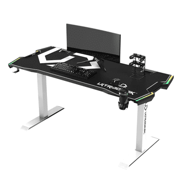 Ultradesk Gaming stol FORCE SNOW - bijeli, 166x70 cm, 66-86 cm, 5 razina visine, s XXL podlogom za miš, RGB rasvjetom, držačem za čaše i slušalicama