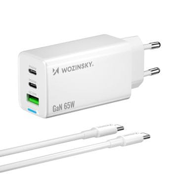 WOZINSKY GaN USB-A USB-C zidni punjač s 65W USB-C kabelom - bijeli