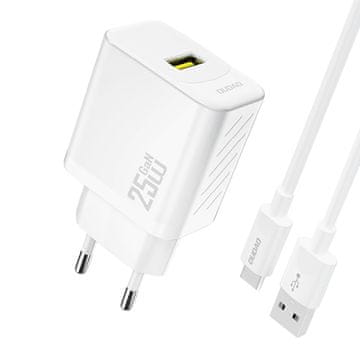 DUDAO USB-A zidni punjač s USB-A - USB-C GaN kabelom 25W - bijeli