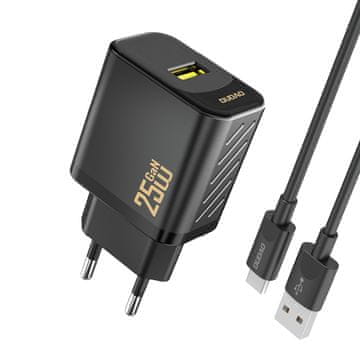 DUDAO USB-A zidni punjač s USB-A - USB-C GaN kabelom 25W - crni