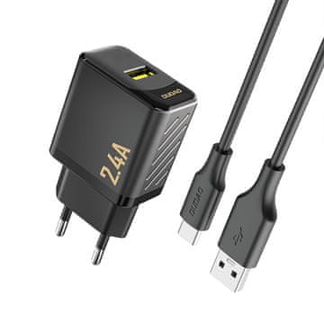 DUDAO USB-A zidni punjač s USB-A - USB-C 2.4A GaN kabelom - crni