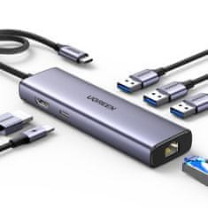 Ugreen 6u1 HUB adapter USB-C - 3x USB-A 3.0 / HDMI / RJ45 / USB-C PD - sivi