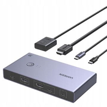 Ugreen KVM preklopnik za 2 računala i 1 monitor, USB-C HDMI 4K 60Hz - sivi
