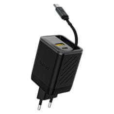 DUDAO USB-A USB-C GaN 67W zidni punjač s uvlačivim USB-C PD QC kabelom - crni