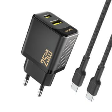 DUDAO USB-A USB-C zidni punjač s USB-C GaN PD QC 25W kabelom - crni