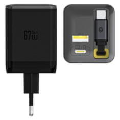 DUDAO USB-A USB-C GaN 67W zidni punjač s uvlačivim USB-C PD QC kabelom - crni