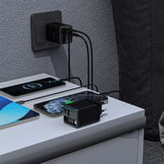 DUDAO USB-A USB-C GaN 67W zidni punjač s uvlačivim USB-C PD QC kabelom - crni