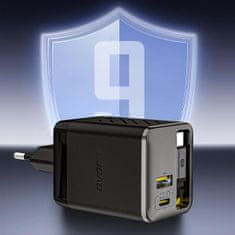 DUDAO USB-A USB-C GaN 67W zidni punjač s uvlačivim USB-C PD QC kabelom - crni