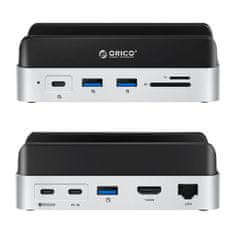 Orico 10-u-1 priključna stanica za Mac mini M.2 USB-C USB-A HDMI RJ45 SD/TF - srebrna
