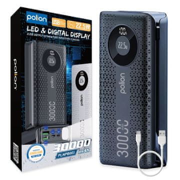Powerbank 30000mah 22,5w usb-c usb-a mikro-usb lcd pd qc, brzo punjenje