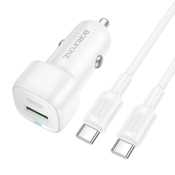 Borofone BZ34B auto punjač Type C (20W) USB A (18W) PD 38W QC 3.0 s kabelom Type C - Type C 1m - bijel