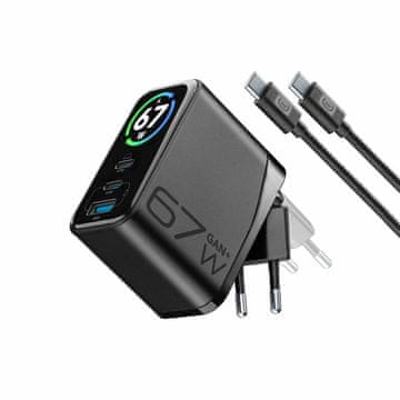 CellularLine PowerView IQ 67W GaN - Set, mrežni punjač s TFT zaslonom, tri ulaza i priloženi kabel, crni (ACHTFTKITC2C67WK)