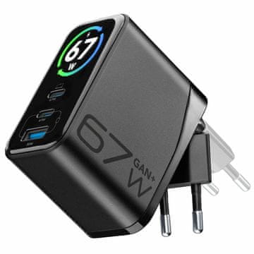 CellularLine PowerView IQ 67W GaN kućni punjač, TFT zaslon, 3 priključka, crni (ACHTFT3USBGAN67WK)
