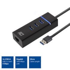 ACT AC6310 USB Hub 3.2 s 3 USB-A porta i Ethernetom (RJ45) crni