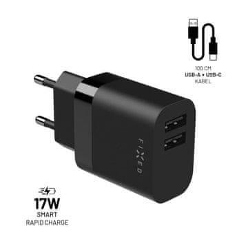 FIXED FIXED FIXC17N-2UC-BK Putni punjač s dva USB-a 17 W + USB/USB-C kabel, crni