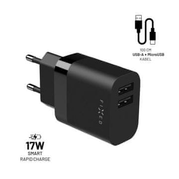FIXED FIXED FIXC17N-2UM-BK Putni punjač s dva USB-a 17 W + USB/micro USB kabel, crni