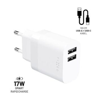 FIXED FIXED putni punjač s dva USB-a 17 W + USB/USB-C kabel, bijeli FIXC17N-2UC-WH