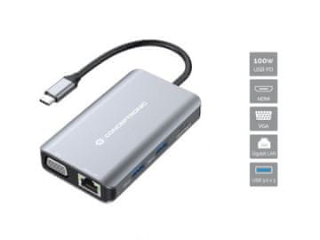 Conceptronic USB-C docking stanica 7v1 HDMI, VGA, RJ45, 3× USB 3.0, 100W PD