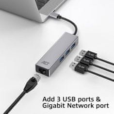 ACT AC7055 USB-C Hub 3 USB A 3.2 porta s Gigabyte Ethernetom, siva boja