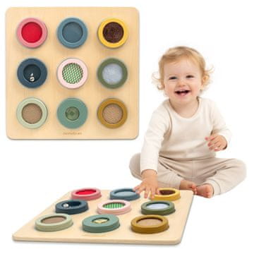 Mamabrum Drvena senzorna ploča s 9 tekstura i ogledalom za djecu - Montessori edukacijska igračka, razvoj fine motorike, dimenzije 45 x 45 x 3,3 cm