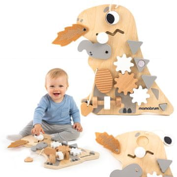 Mamabrum Drvena manipulativna ploča dinosaurus s 10 aktivnosti - Montessori igračka, senzorna igra za finu motoriku, edukativno učenje kroz otkrivanje