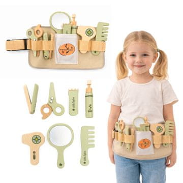 Mamabrum Drveni frizerski set za djecu s podesivim remenom - komplet 8 dijelova, igra uloga za male stiliste, duljina 51 do 90 cm