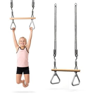 HyperMotion Gimnastički trapez za djecu s drvenom prečkom i obručima - podesiva užad 94 – 160 cm, nosivost 50 kg, vanjska igra i vježbe
