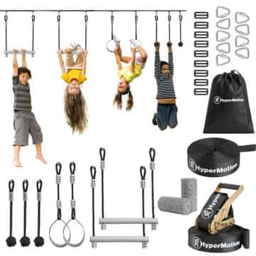 HyperMotion Ninja poligon s 7 prepreka za djecu i slackline trakom - nosivost pribora 113 kg, vanjska igra s UV zaštitom, set s trapezima i obručima